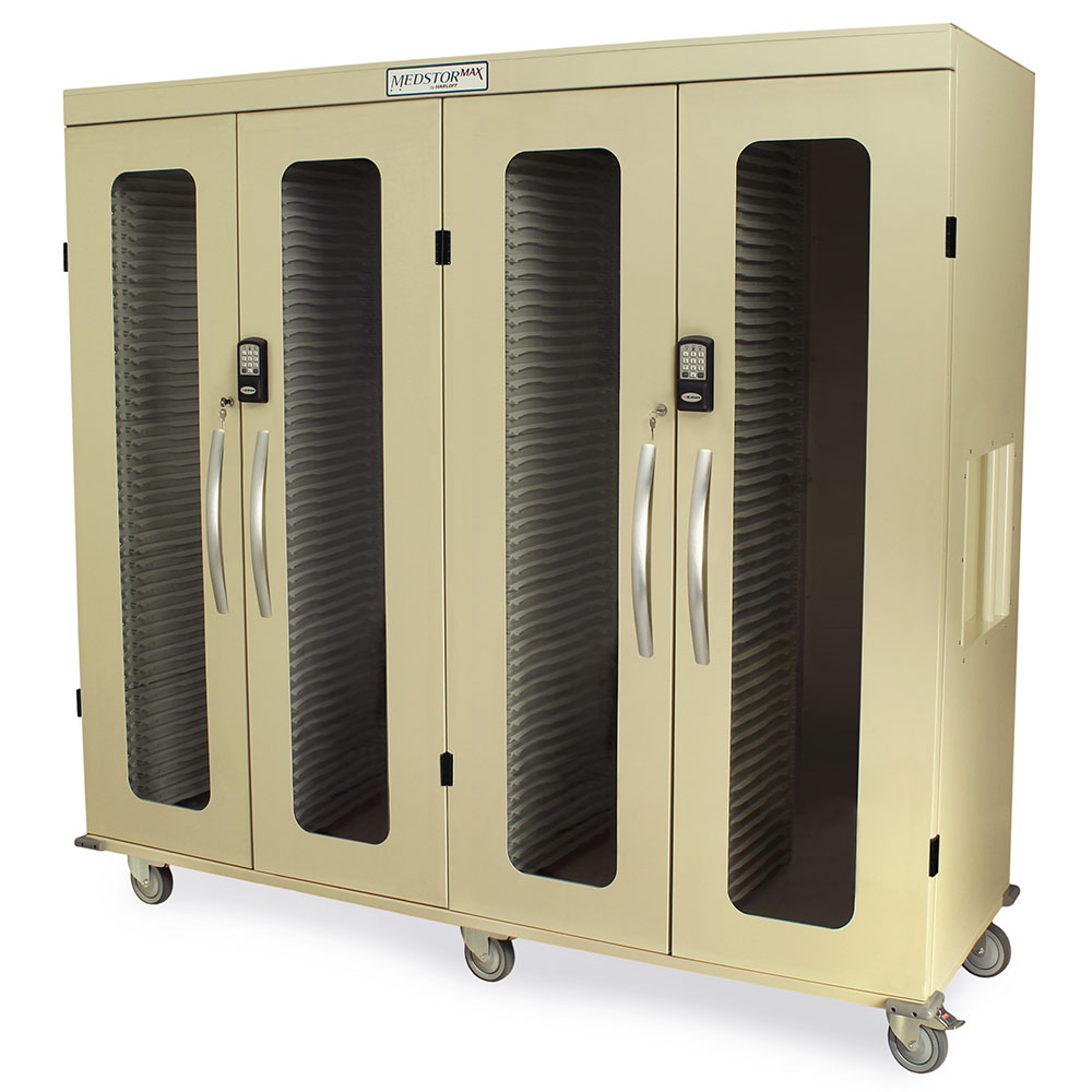Quad Column Mobile Medical Storage Cabinet, Glass Doors, E-Lock